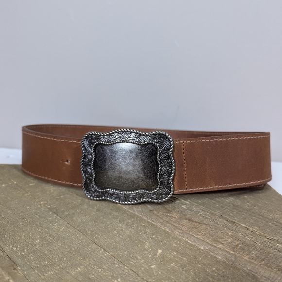Simons Brown Leather Belt 2” Wide Silver Western Buckle Fits 30–34 Vintage Style - Picture 1 of 7